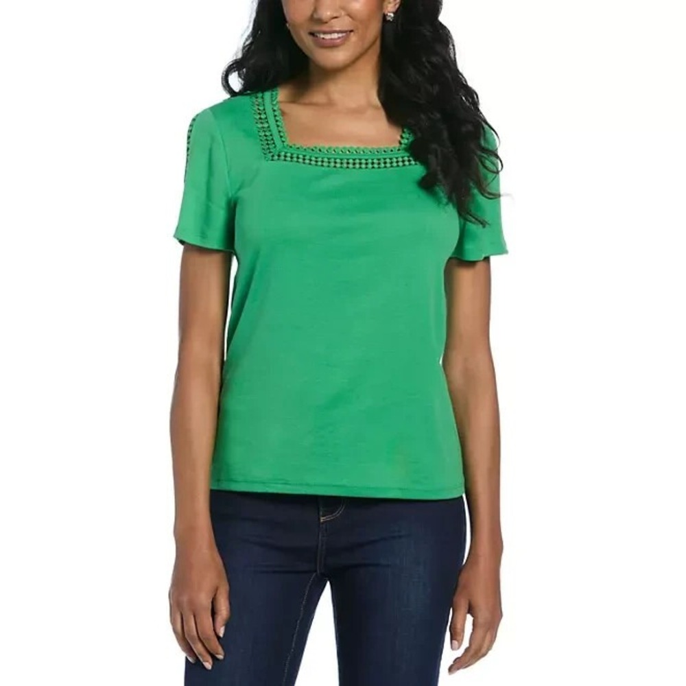 Rafaella Women Green Square Neck Crochet Trim Cotton Rib Top Size M RSKSF064SA